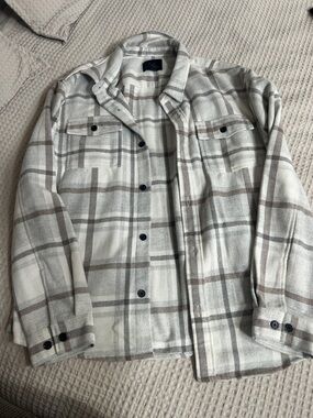 Magaschoni Cream and Brown Plaid Button-Down Shirt